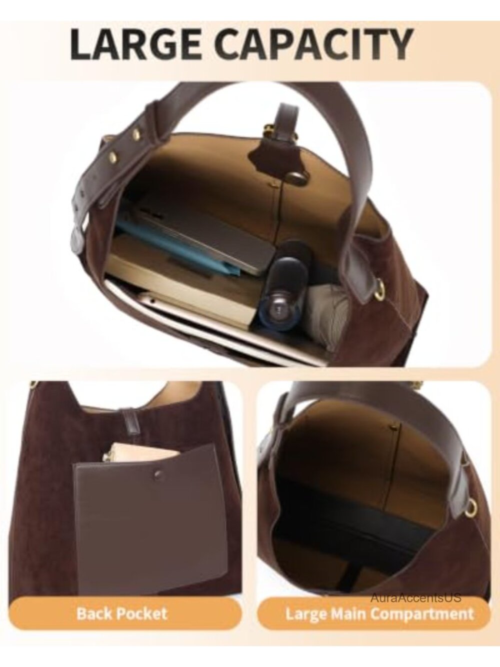 Faux Suede Hobo Shoulder Bag Adjustable Strap Medium Tote Handbag - Picture 5 of 6